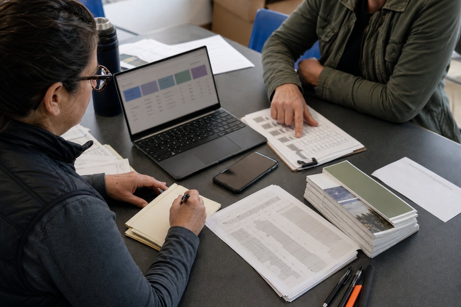 Field organizers reviewing canvassing production and completion records